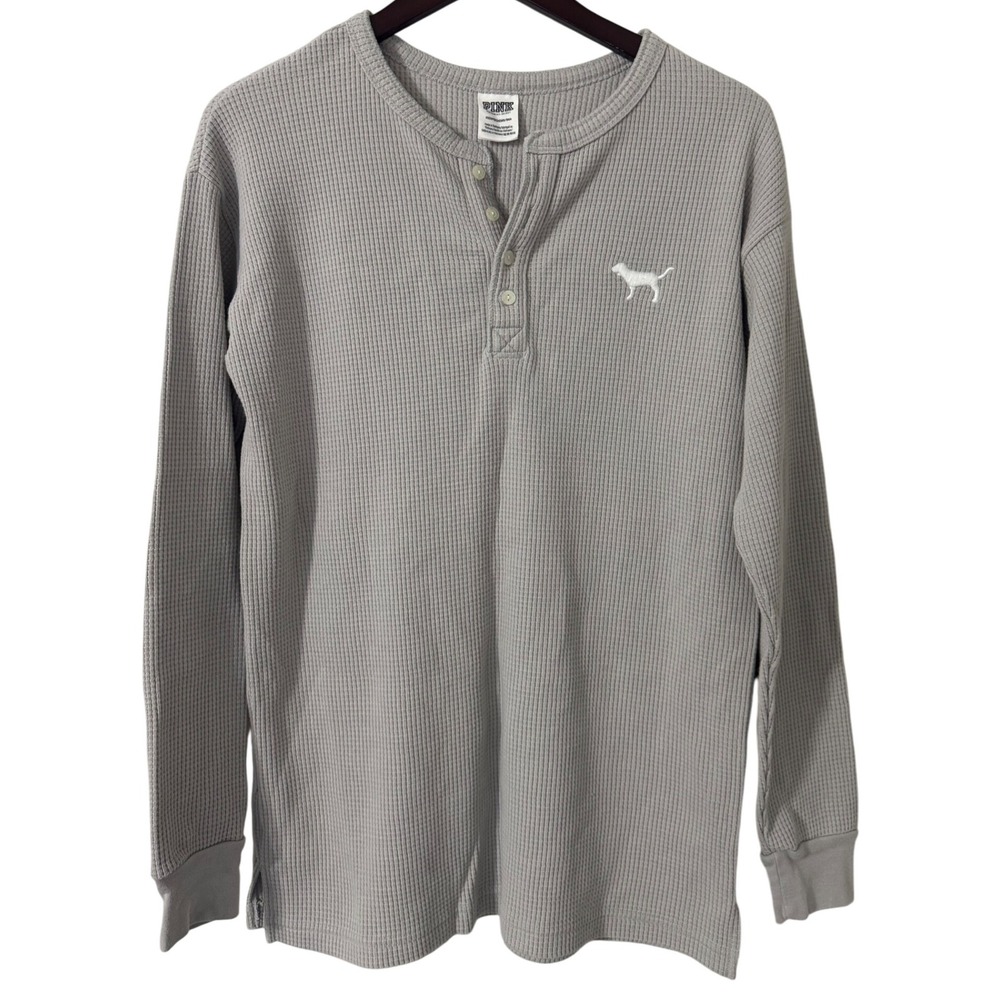 Victoria's Secret PINK Gray Waffle Knit Long‎ Sleeve Henley Shirt XS